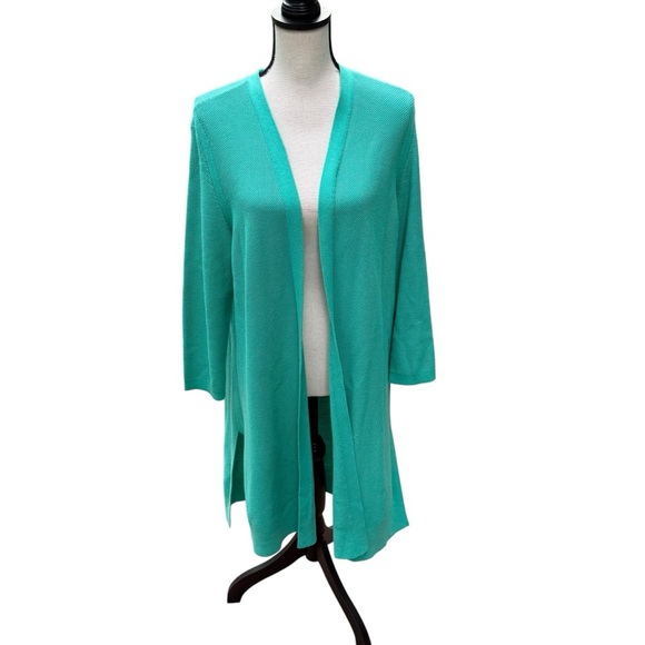 Talbots Women’s Long Cardigan Size L Green Open Front Duster Minimalist Office - Picture 8 of 11